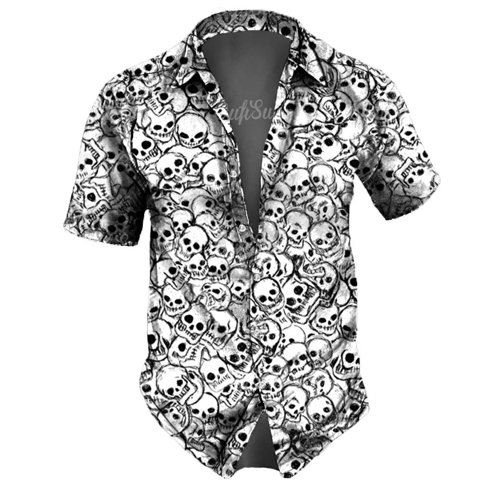 Men's casual Hawaiian lapel 3D horror skull retro printed button short sleeved shirt