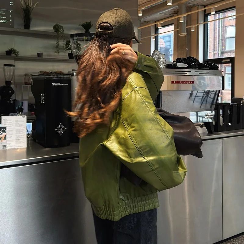 Olive Green Leather Jacket Coat Silhouette Vintage High Street Trend Zipper Lapel Short Overcoat Loose Casual Top Outwear Autumn