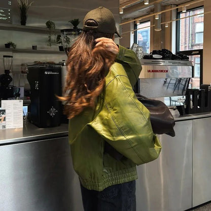 Olive Green Leather Jacket Coat Silhouette Vintage High Street Trend Zipper Lapel Short Overcoat Loose Casual Top Outwear Autumn