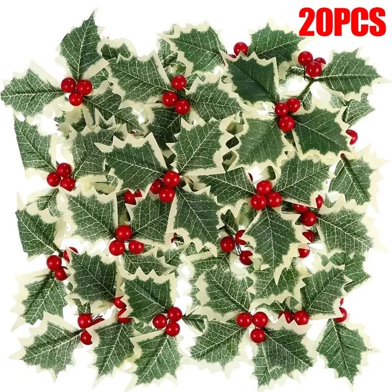5-100Pcs Artificial Holly Berry Green Leaves Christmas Ornaments Gold Red Holly Berry Stems Xmas Tree Wreath Gifts Party Decor