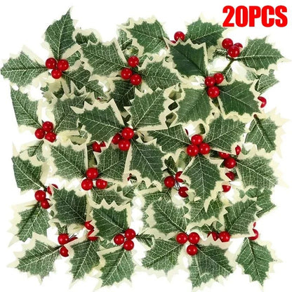 5-100Pcs Artificial Holly Berry Green Leaves Christmas Ornaments Gold Red Holly Berry Stems Xmas Tree Wreath Gifts Party Decor