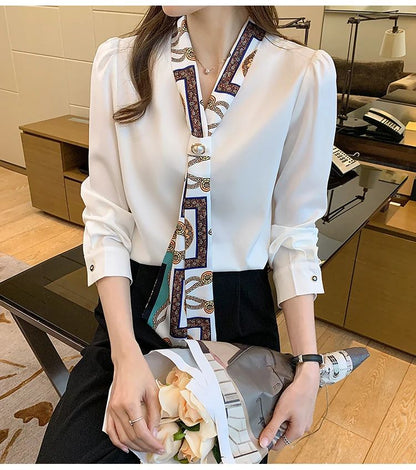 FANAN Elegant Fashion Office Lady Bow Solid Chiffon Shirts Women Clothing New Long Sleeve V-Neck Pullover Top Blouses Female2025