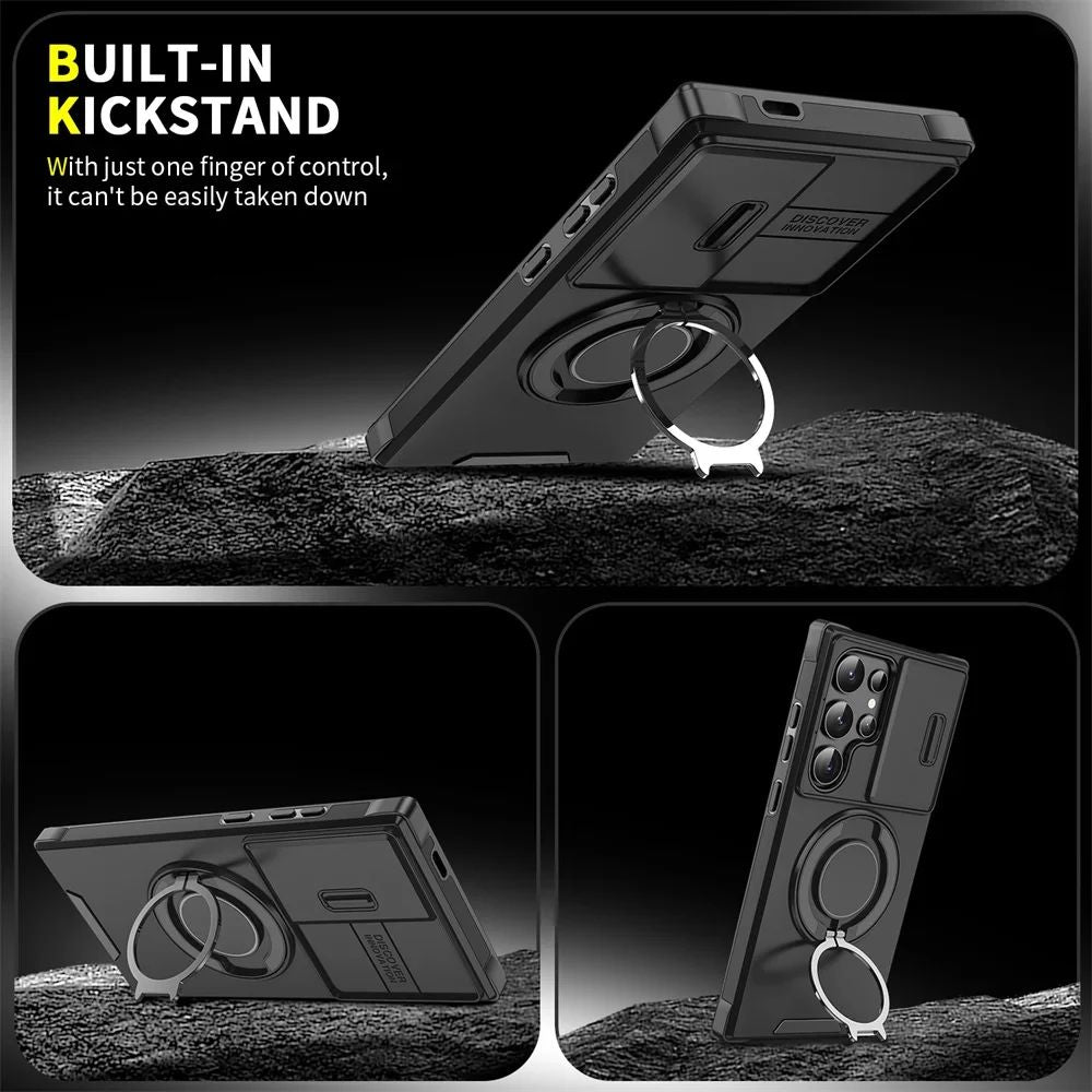 Capa Armor com Suporte Magnético para Samsung S25 S24 S22 S21 S23 S20 Ultra Plus FE com Proteção de Câmera Deslizante e Antichoque
