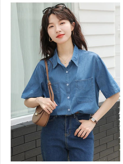 Vintageblueshort Sleeves Thin Denim Shirt 2024 Summer New Casual Loose-Fit Hong Kong Style Petite Top For Women