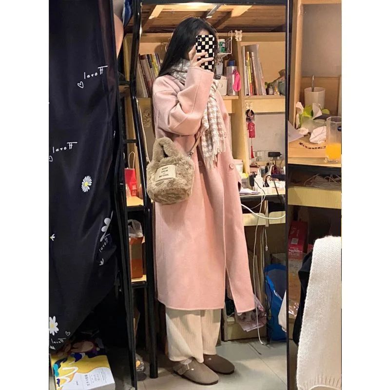 Winter Long Pink Woolen Coat French Hepburn Style Loose Casual Slimming Knee-Length Tweed Outerwear Women's Fashion