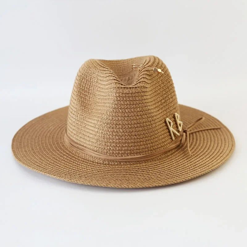 Chapéu de Sol de Verão Grande Proteção Solar Chapéus Femininos de Praia de Palha da Moda Chapéu Panamá de Grama de Luxo Feminino 60cm para Cabeça Grande