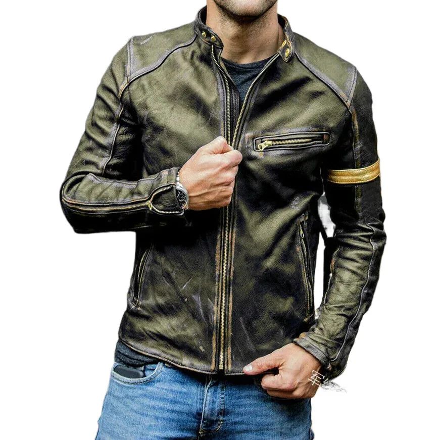 Slim Faux Leather Zipper Cardigan Coat Jacket Vintage Printed Long Sleeve Men Stand Collar Autumn Winter New Motorcycle Jacket