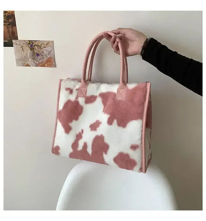 New Women Soft Plush Hand Bag New Winter Leopard Cow Print Tote Bags Female Pu Leather Underarm Bags Furry Fluffy Shoulder Bag