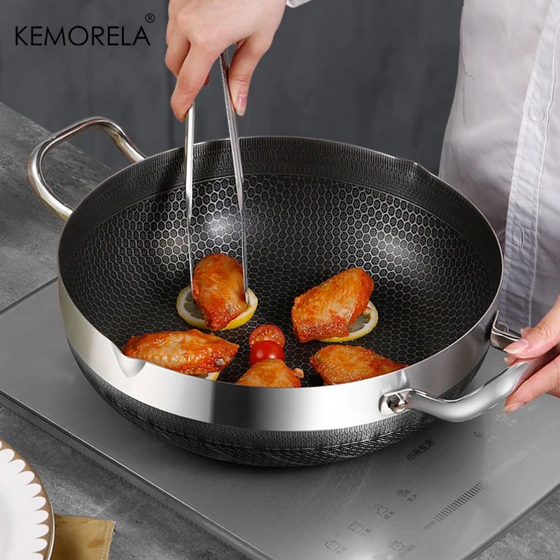 Frigideira de Aço Inoxidável 304 26/28/30cm, Antiaderente Grau Alimentício, Fundo de Panela Colmeia, Panela Geral para Fogão a Gás e de Indução