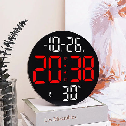 10inch LED Large Digital Wall Clock with Dual Alarms Calendar and Temperature Display Brightness Adjustable Countdown Home Clock