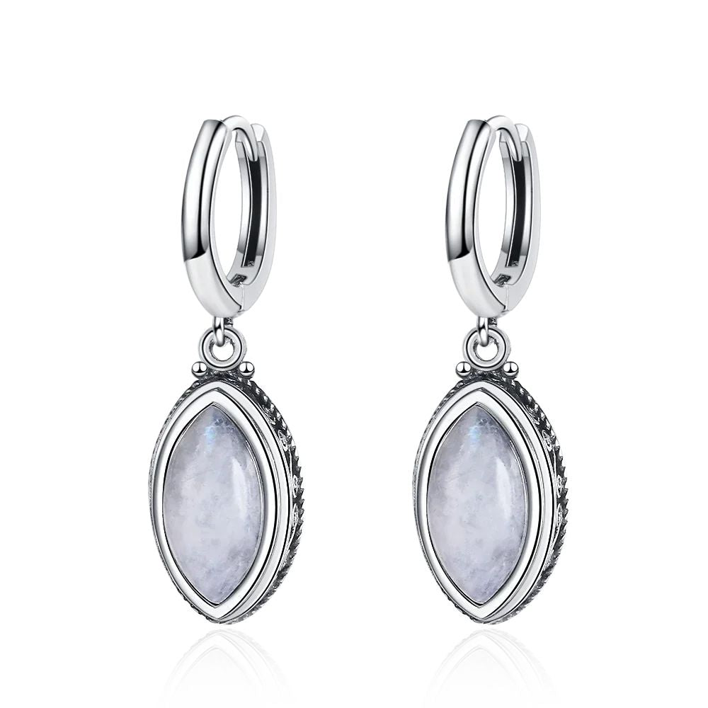 925 Sterling Silver Earrings Natural Moonstone 6*12mm Drop Earrings Retro Silver Vintage Eye Shape Fine Jewelry Gift For Women