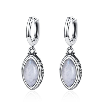925 Sterling Silver Earrings Natural Moonstone 6*12mm Drop Earrings Retro Silver Vintage Eye Shape Fine Jewelry Gift For Women