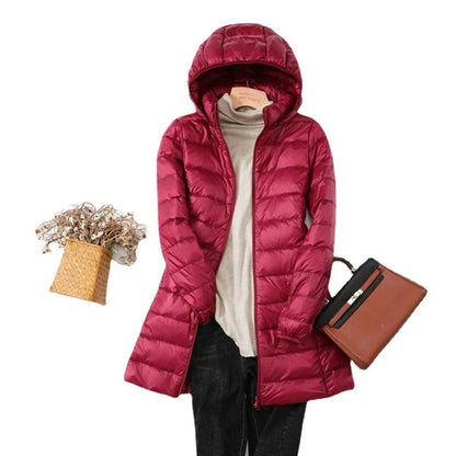 Hoody Long White Duck Down Coat Autumn Winter Portable Hooded Puffer Down Jacket Women Casual Double Zipper Windproof Thin Light