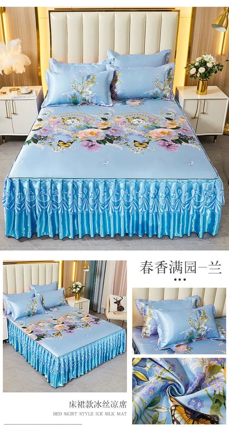 Kit 3 Peças de Lençol de Casal com Renda Clássica Azul Royal, Saia para Cama, Colcha de Casamento Lavável à Máquina, Capa de Colchão