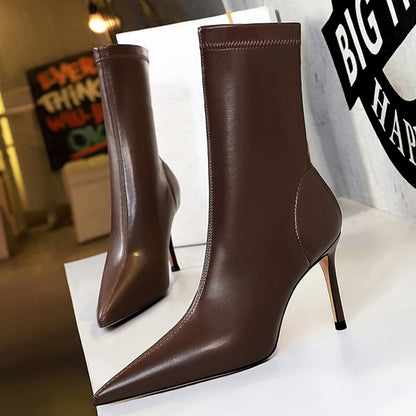 Women 7.5cm 10cm High Heels Leather Boots Lady Low Heels Short Ankle Boots Stripper Winter Warm Snow Plush Pointed Toe Shoes