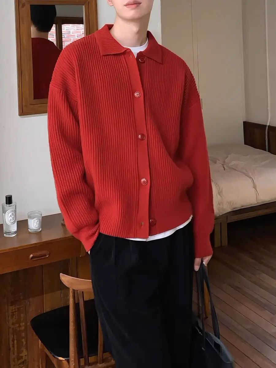 Early Autumn Casual Men's Knitted Cardigan Green Collar Open Front Sweater Trendy Korean Style Dongdaemun Fashion Streetwear