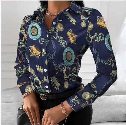 Summer New Women's Long-sleeved Shirt, Single-breasted Printed Shirts Fashion Casual Tops Camisa Female Chemise S-XXL