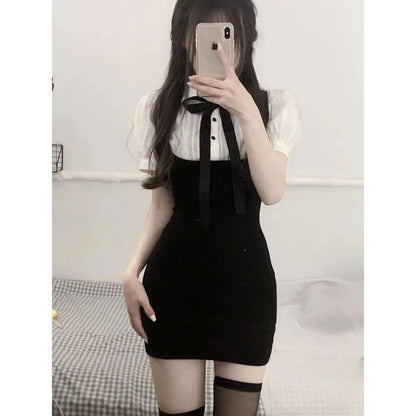 Summer Slimming Black White Splice Mini Dress Trendy Girl Outerwear Base College Style Patchwork Elegant Dress Princess Sleeve P