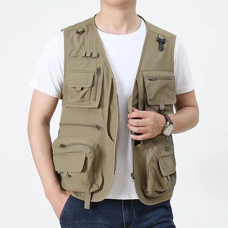 Colete Masculino de Malha com Vários Bolsos Secagem Rápida Sem Mangas Jaqueta Repórter Solto Casual Fino para Pesca Colete Masculino