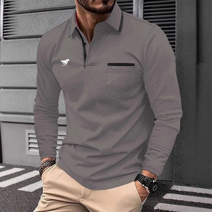 Autumn men's casual long sleeved polo shirt with pockets, fashionable street trend, regular solid color elastic breathable