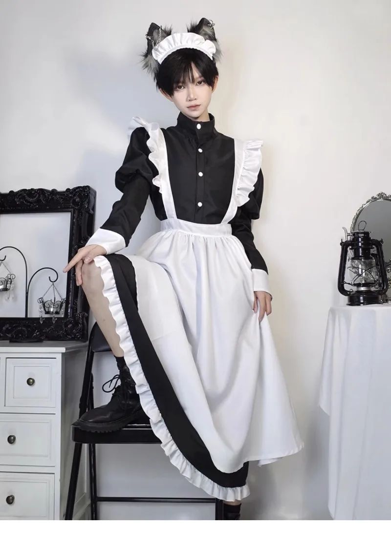 Japanese Style Maid Outfit Black White Long Dress Lolita Unisex Men Women Halloween Costume Uniform Full Set Adults Plus Size