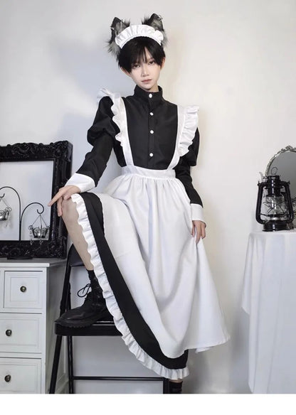 Japanese Style Maid Outfit Black White Long Dress Lolita Unisex Men Women Halloween Costume Uniform Full Set Adults Plus Size