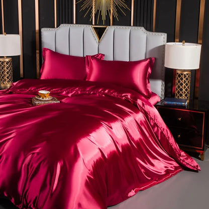 Solid Silk Bedding Set with Duvet Cover Fitted/Flat Bed Sheet Pillowcase Luxury Couple Bedsheet King Queen Double Twin Size