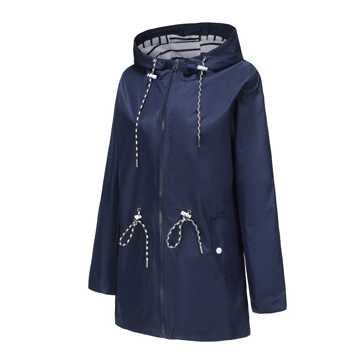Blue Waterproof Hooded Jacket Women Fashion Casual Coat Waist Drawstring Tie Zipper Switch Red Green Yellow Black Windbreaker