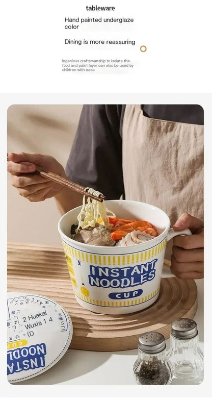 1pc Large Capacity Ceramic Instant Noodle Bowl with Cover?Perfect for Dorms and Home Kitchens - Keep Your Noodles Fresh and Warm