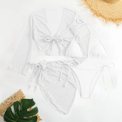 Women Pink Micro Mini String Bikini Sets 4 Pieces with Mesh Cover Tops and Skirt Swimsuit Bathing Suit Beach Outfits Biquini