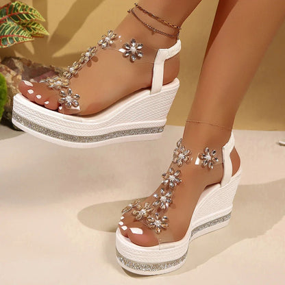 Women's Floral Rhinestone Decorative Sandals Bohemian Style Open Toe Thick Platform Wedge Heel Temperament Beach Sandal