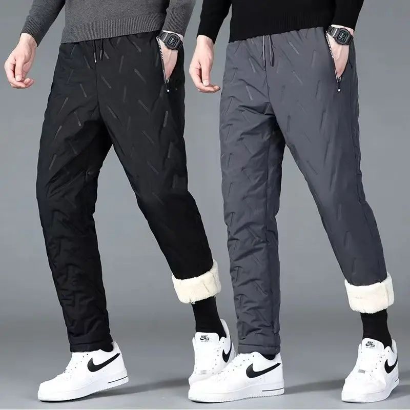 Calça Masculina de Moletom Grossa de Lã Impermeável Inverno Corta-Vento Casual Calça Pesada Calça de Lã de Cordeiro Quente Agasalho