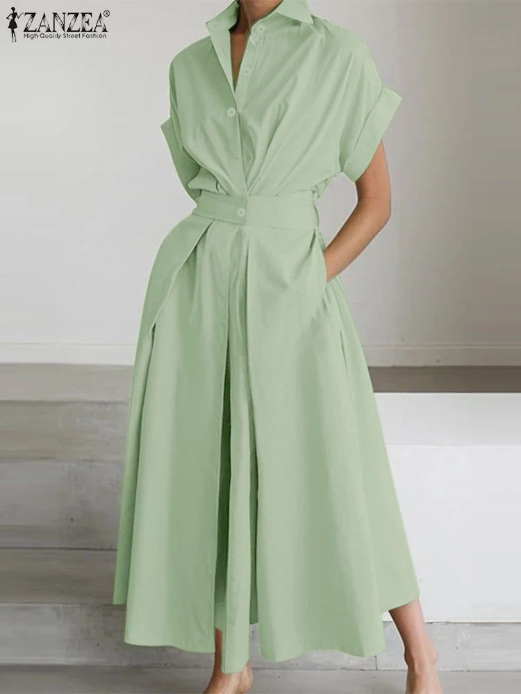 ZANZEA Women Fashion Summer Shirt Dress 2025 Elegant High Waist Short Sleeve Mid