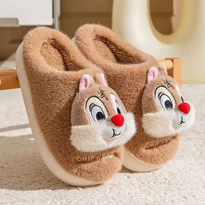 Chinelo de algodão de pelúcia com desenho animado Disney Tico e Teco, fofo, para homens e mulheres, confortável, macio, antiderrapante, resistente ao desgaste e quente para o inverno