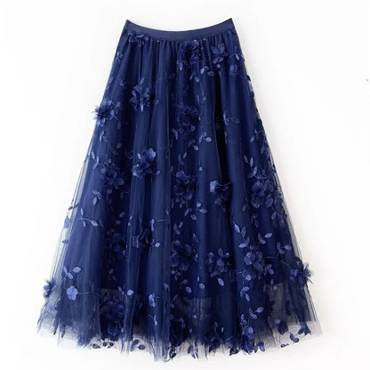 New in A-Line High Waist Embroidery 3D Flower Tulle Midi Skirt Women Spring Summer Pink Chic Elegant Mesh Party Long Skirt