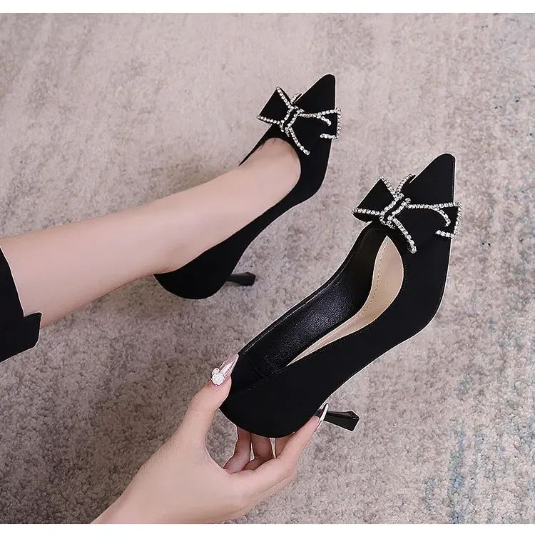 Versatile New Single Shoes Autumn and Winter  Sexy Pointy Rhinestone Black Mature Women's Thin Heels High-heel Zapatos Mujer