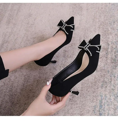Versatile New Single Shoes Autumn and Winter  Sexy Pointy Rhinestone Black Mature Women's Thin Heels High-heel Zapatos Mujer