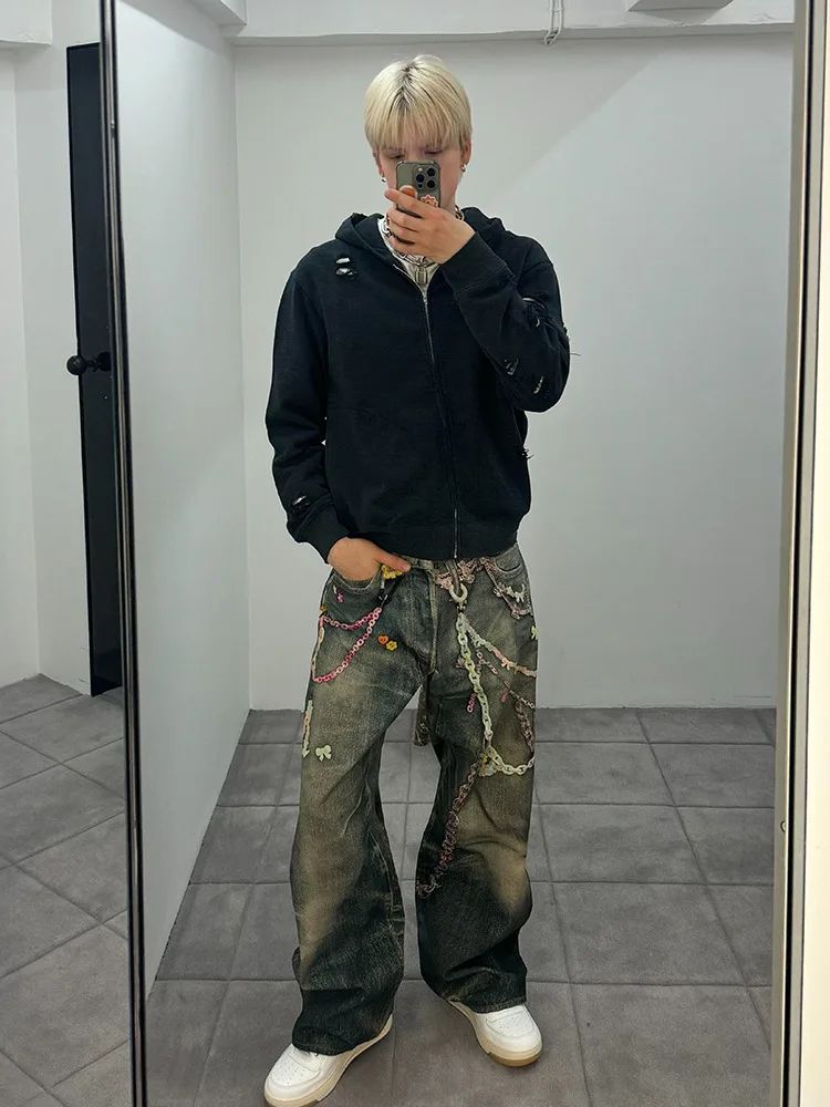 Calça Jeans Casual Unissex com Estampa Digital 3D de Corrente de Doce Estilo American High Street, com Efeito Desgastado e Perna Reta