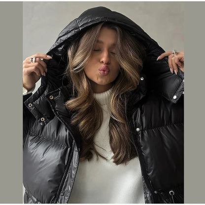 Glossy Shiny Women 's Down Jackets Vintage Hooded Zipper Puffer Full Sleeve Jackets For Woman 2025 Woman Winter Coats Outwears