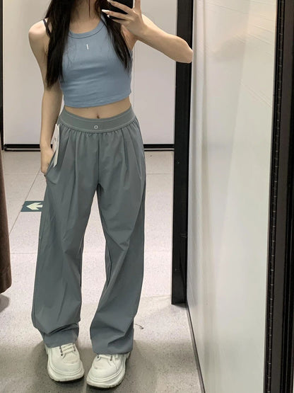 Calças retas femininas de secagem rápida calças de moletom de perna larga preto azul sólido fitness yoga esportes corredores