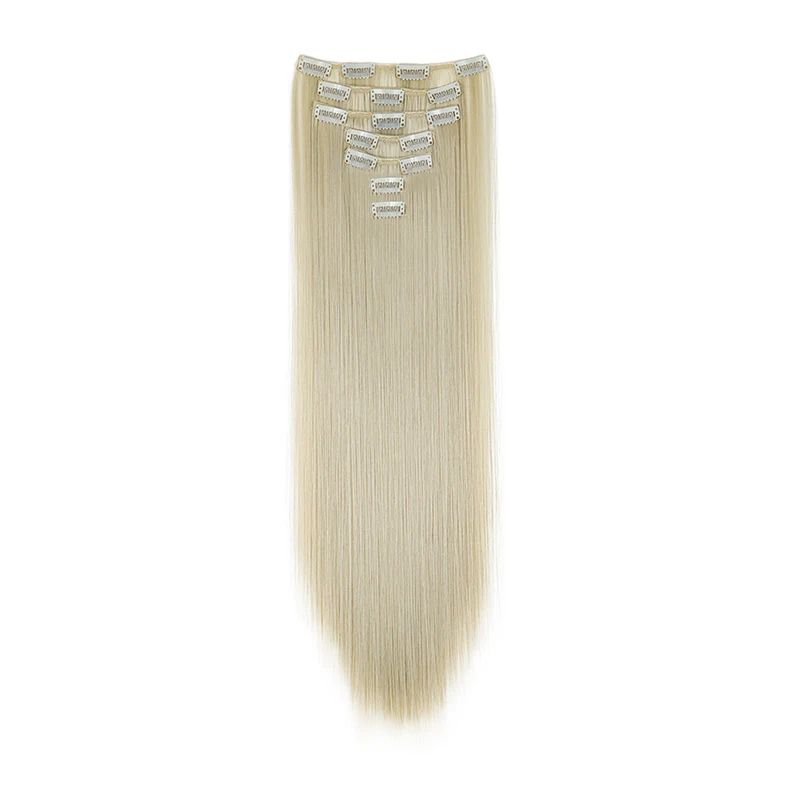 Extensão de cabelo liso longo sintético de 24 polegadas 7pçs/conjunto 16 clipes Penteado Preto Loiro Peruca para mulheres 2026