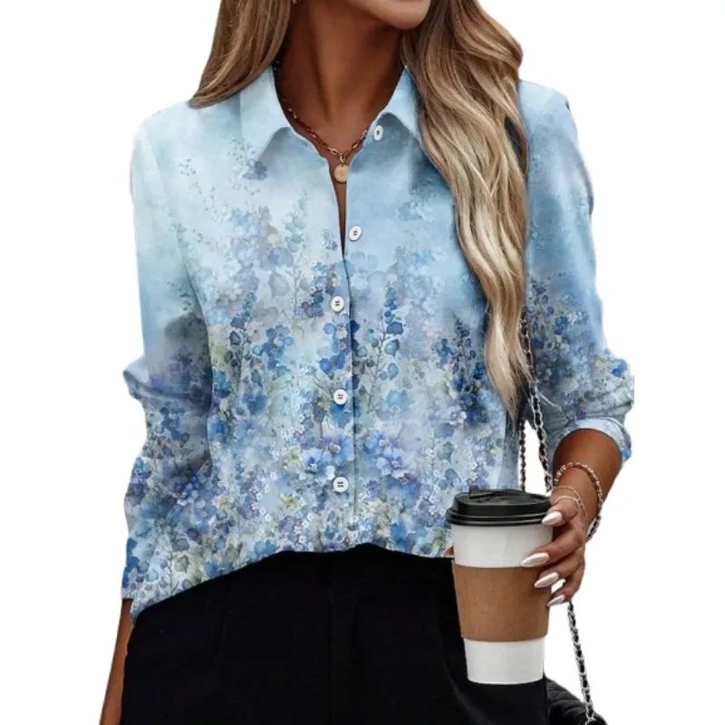 Plus Size Autumn New Women's New Fashionable Shirt Collar with Gradient Flower Print Comfortable Shirt