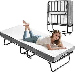 Folding Bed with Memory Foam Mattress, Portable Rollaway Guest Beds on Wheels, 75x31 Twin Size Space-Saving Cot-Size Bed for Adu