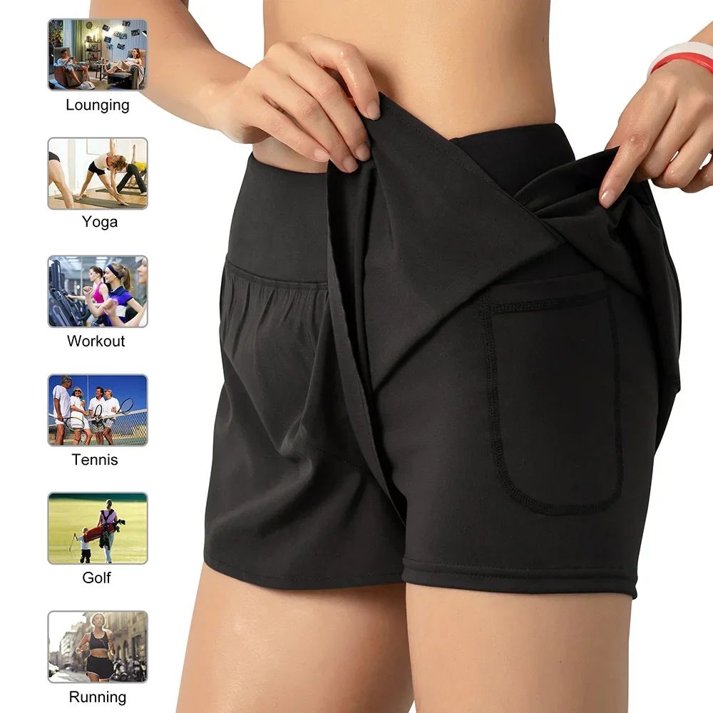 Women Running Shorts 2-in-1 with Pocket Wide Waistband Coverage Layer Liner Lounging Sports Yoga Leggings Gym Fitness Shorts