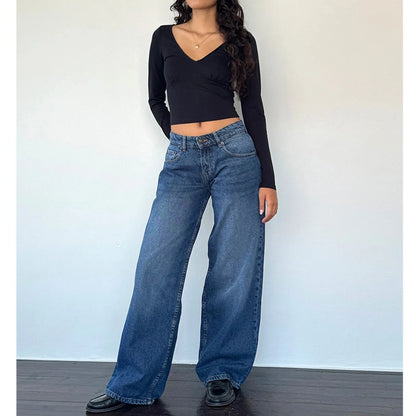 High Waist Straight Leg Women's Jeans Retro American Washed Denim Pants Autumn Street Style Wide Leg Trousers for Women