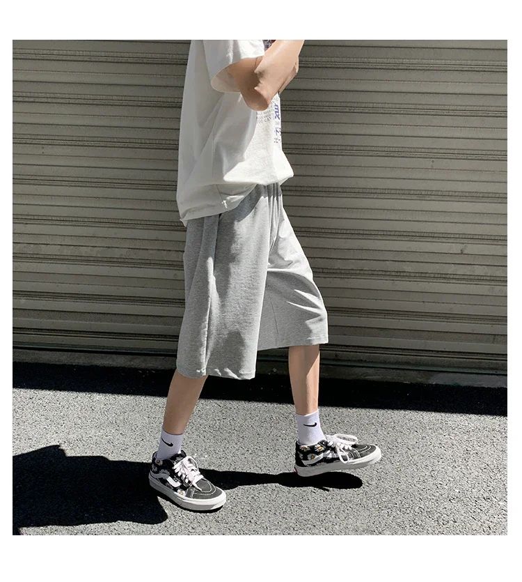 Summer New Y2K Solid Color Cotton Loose Men's Sports Pants Shorts Street Wear Simple Drawstring Straight Casual Shorts Male