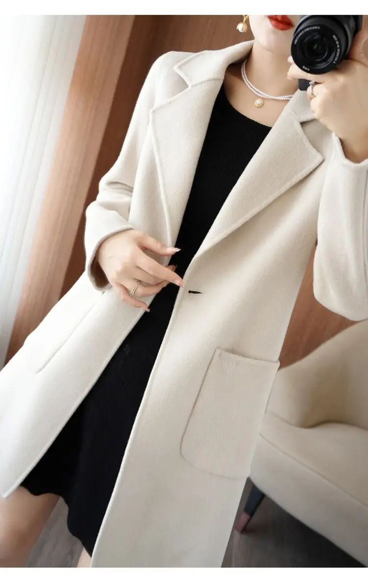 Ladies' Fashionable Woolen Coat Autumn Winter High End Medium Length Leisure Style Woolen Outerwear Pure Color Full Sleeve