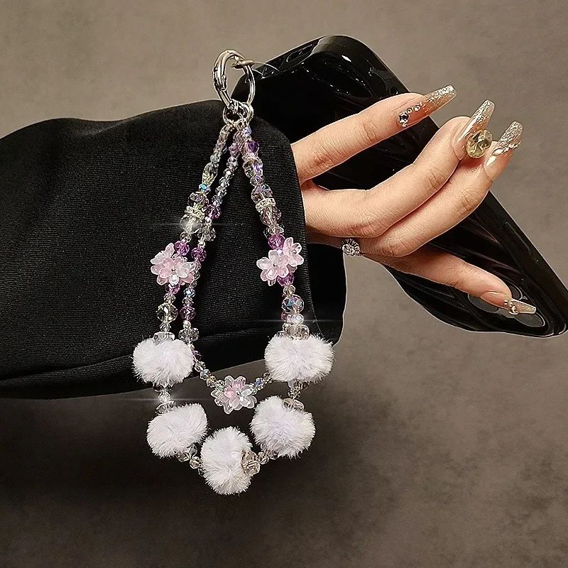 Autumn/Winter Plush Phone Strap Floral Beaded Crystal Pom-Pom Handbag Chain New Trendy Accessory for Smartphones