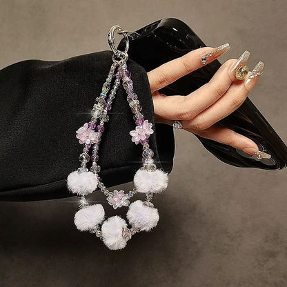 Autumn/Winter Plush Phone Strap Floral Beaded Crystal Pom-Pom Handbag Chain New Trendy Accessory for Smartphones