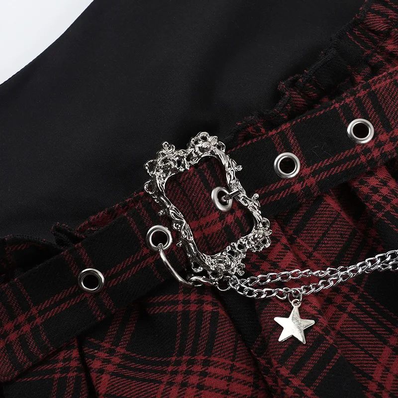 Punk Gothic Skirt Women Streetwear Harajuku Irregular Patchwork Red Plaid Skirt Hotsweet Y2k Clubwear Skirt